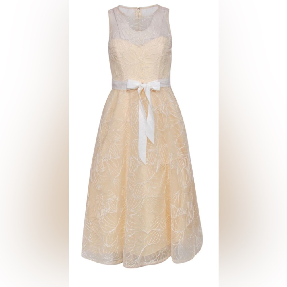 BCBGMaxAzria -Cream Midi Dress w/ Metallic Floral Embroidered Tulle Overlay Sz 0